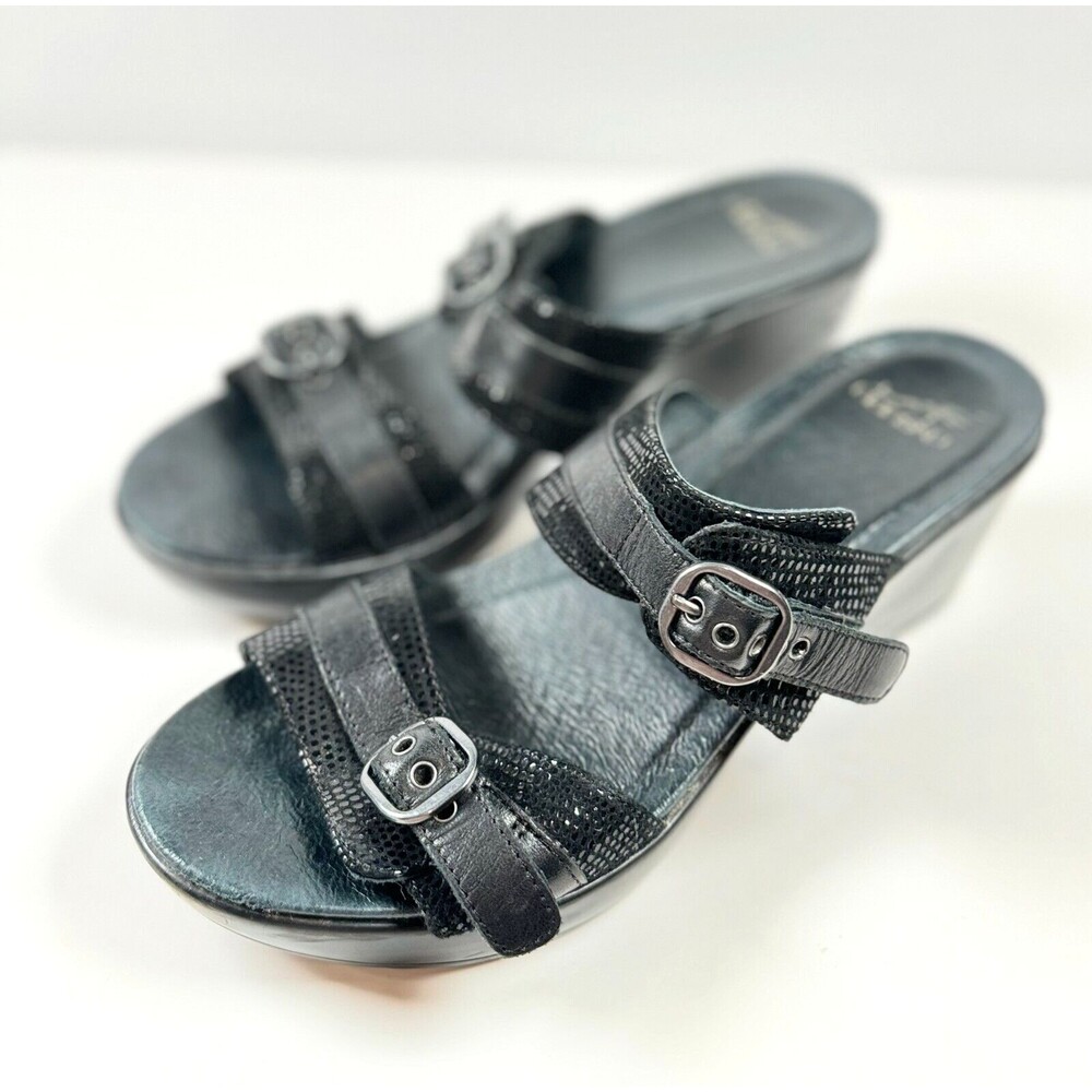 Dansko Jessie Sandals Black Leather Lizard Slip On Slide Heels Buckle 40 US 9.5